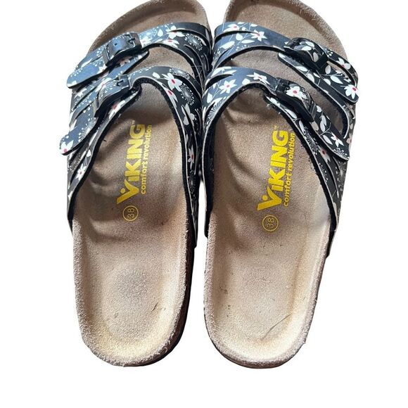Viking Black White Floral Buckle Cut Out "Brama" Cork Birkenstock Style Sandal‎ - Picture 7 of 10